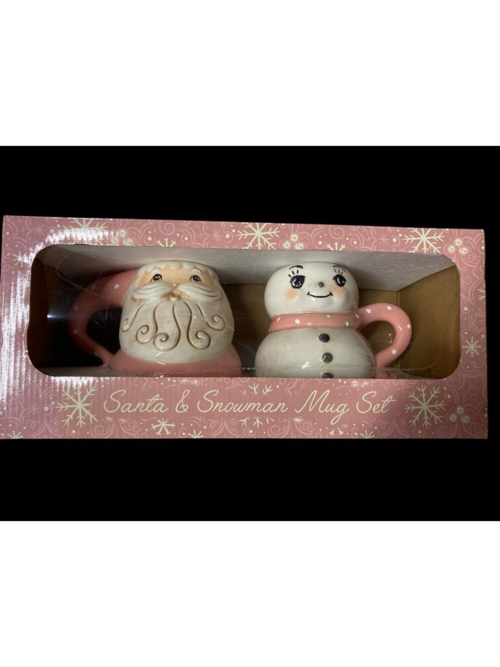 Johanna Parker Design Pink & White Santa & Snowman Christmas Holiday Mug Set New